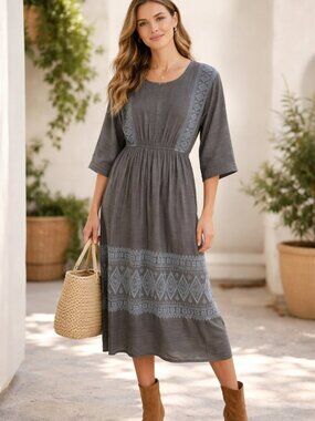 MATTA Silk Embroidered Midi Dress Gray Blue Boho Size Small